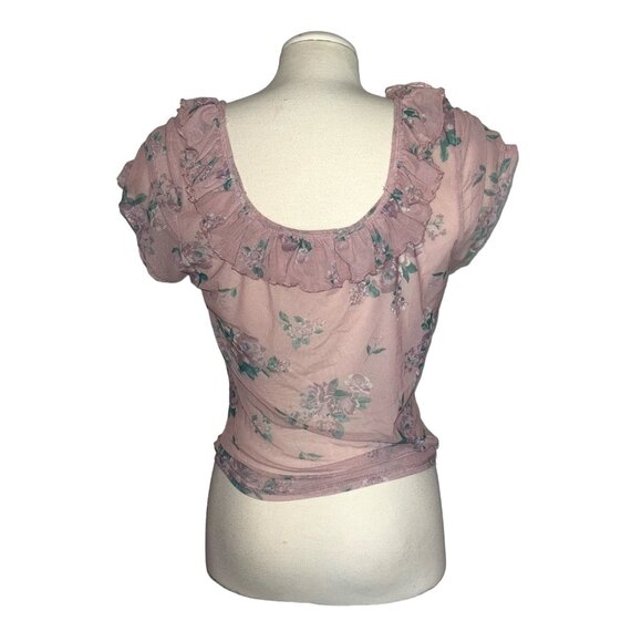 Almost Famous Sheer Floral Ruched Front Shirt Sz XL Womens Pink - Picture 2 of 5